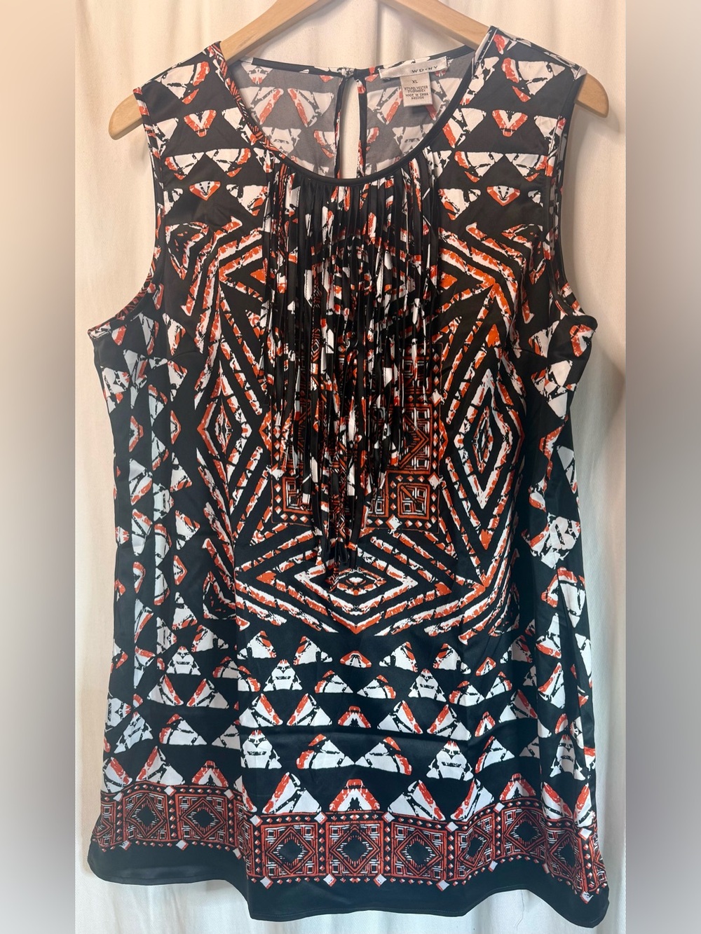 WD.NY Black, Orange & White Geometric Fringe Tank